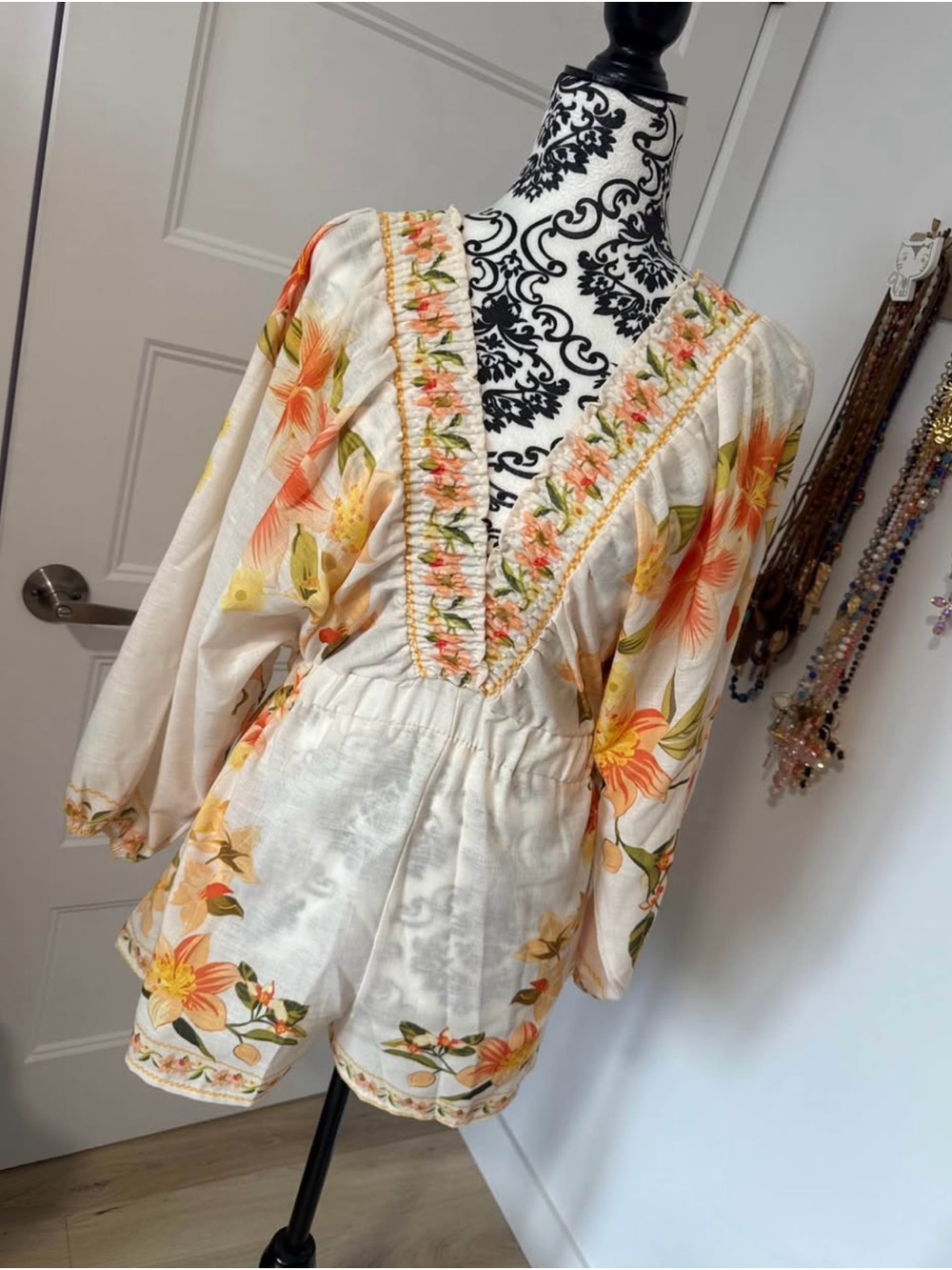 Floral Embroidered V-Neck Romper in Cream and Orange